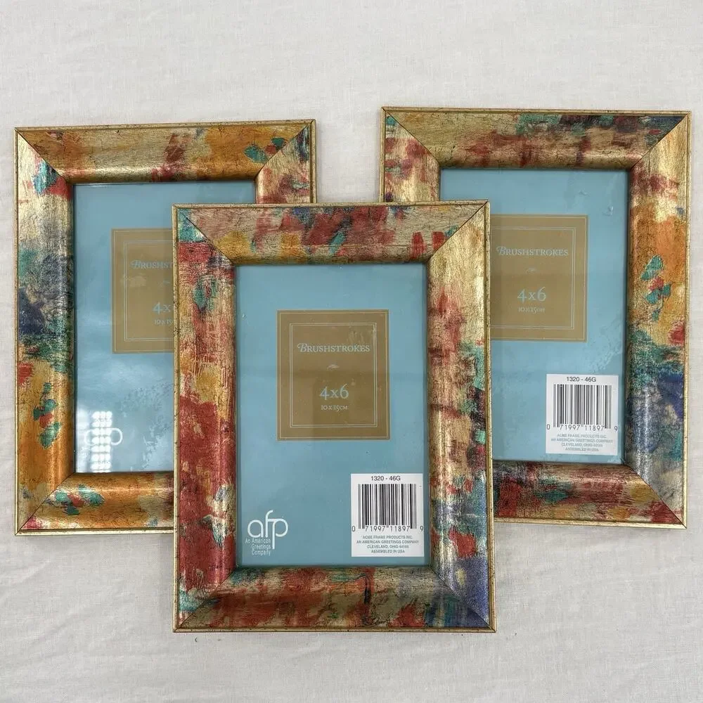 Set 3 Brushstrokes 4x6 Picture Frames Gold Multicolor Abstract Art Finish